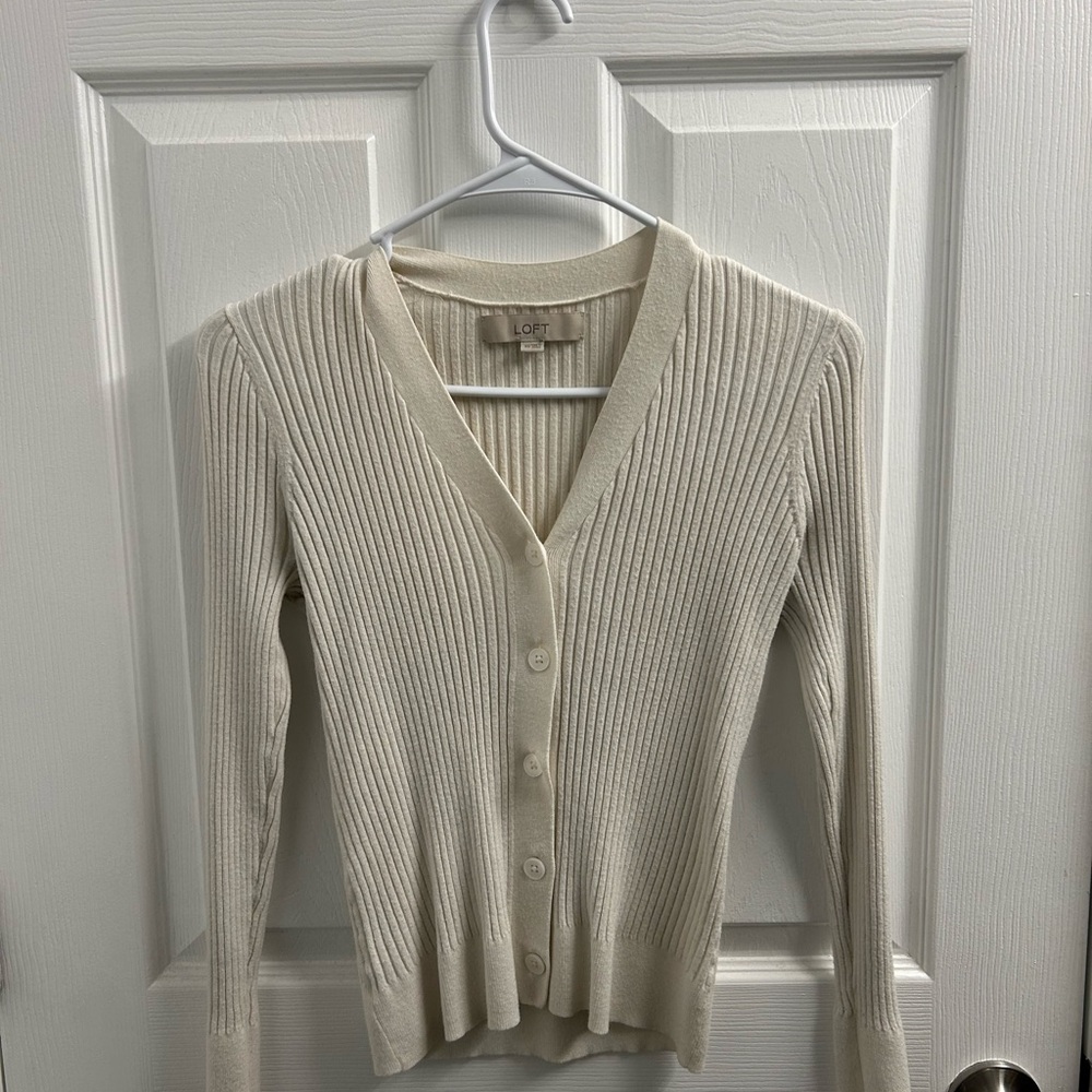 LOFT Ivory Ribbed Cardigan Sweater